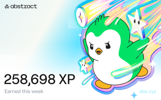The image features a cartoon penguin with green, white, and blue colors standing against a light blue background. The penguin has its arms raised high above its head, giving off an impression of being victorious or triumphant. In the top left corner of the image, there is text that reads "Happy @AbstractChain XP Day! And new tier unlocked". This suggests that the post might be related to a gaming event or promotion where players can gain XP points for participating in the contest.