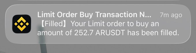A Binance notification confirms a limit order to buy 252.7 ARUSDT has been filled, visually reinforcing the post's announcement of accumulating more AR tokens under $1.80.