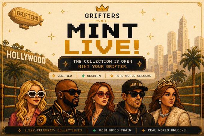 A vintage-style promotional graphic for the "Grifters" NFT collection announces that "MINT LIVE!" with the tagline "The Collection is Open - Mint Your Grifter," featuring five stylized celebrity characters against a backdrop blending the Hollywood sign, a blimp, and a city skyline. The image highlights key details including "2,222 Celebrity Collectibles," "Robinhood Chain," and "Real World Unlocks," aligning with the post's call to mint at grifters.market/mint for $GRIFT eligibility.