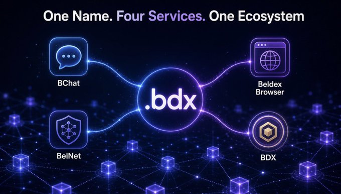 A promotional graphic titled 'One Name. Four Services. One Ecosystem' showcasing the .bdx brand with four connected services: BChat, Beldex Browser, BelNet, and BDX.