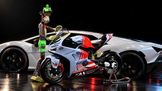 A Ducati motorcycle with a racing livery (including Federal Oil and ASPI branding) is parked in front of a white Lamborghini, with a green and black motorcycle suit standing next to it.