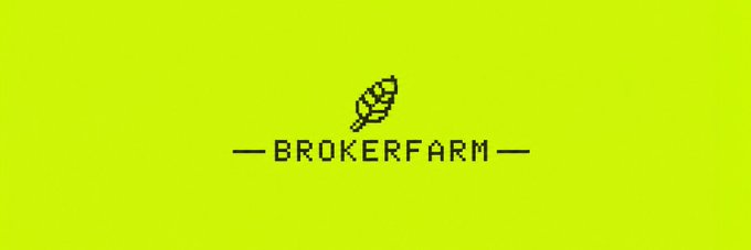 A logo featuring a leaf icon above the text 'BROKERFARM' on a lime green background.