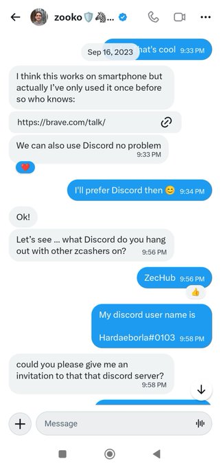 Screenshot of a direct message conversation on social media with user 'zooko' discussing moving to Discord, with the user sharing the username 'Hardaeborla#0103' on ZecHub.