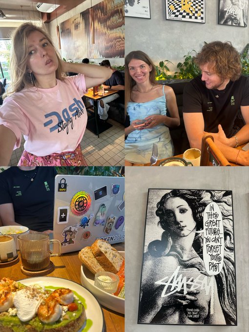 A four-panel collage showing scenes from a casual outing: a woman in a pink 'Dash' t-shirt, a couple eating at a restaurant, a laptop covered in stickers next to a meal, and a poster with 'STUSSY' branding and the text 'IN THE GREAT TIMES YOU CAN'T FORGET THIS PHOTO'.
