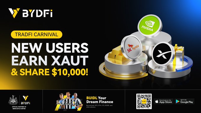 A promotional banner for BYDFi's "TradFi Carnival" event, featuring 3D graphics of gold bars and coin tokens bearing the logos of NVIDIA, SK hynix, and XRP, with text announcing that "New Users Earn XAUT & Share $10,000!" alongside a QR code and the tagline "Build Your Dream Finance." The image visually supports the post by highlighting the XAUT (tokenized gold) rewards and tradable assets like NVIDIA, SK hynix, and XRP available during the July 31 – August 13, 2026 event.