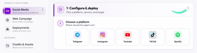 A platform configuration interface titled '1 - Configure & deploy' with options to 'Choose a platform' including Telegram, Instagram, YouTube, TikTok, and Spotify, under an 'Agentic Solutions' menu.