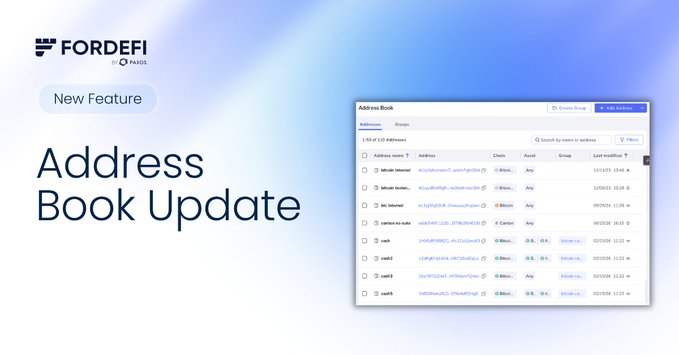 A promotional graphic for FORDEFI by PAGS announces a new 'Address Book Update' feature, showing a screenshot of the address book interface with various cryptocurrency wallet entries.