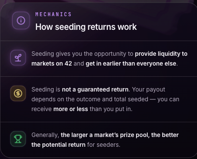 An informational panel explaining 'How seeding returns work' on what appears to be a crypto prediction market platform like Polymarket, noting that seeding is not a guaranteed return.
