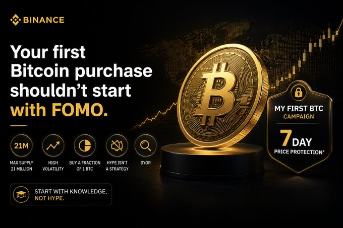 A Binance promotional banner titled "Your first Bitcoin purchase shouldn't start with FOMO" features a large golden Bitcoin coin alongside the "MY FIRST BTC CAMPAIGN" shield offering a 7-day price protection, with icons highlighting key facts: 21M max supply, high volatility, fractionable purchases, hype isn't a strategy, and DYOR. The image visually reinforces the post's educational message encouraging new buyers to start with knowledge rather than hype.