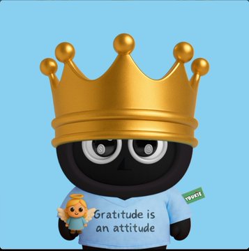 The image features a small black cartoon character wearing a gold crown, with an angel figurine next to them. The character has big eyes and a cute face, giving them a friendly appearance. The caption of the image reads "Gratitude is an attitude", which seems to be related to the post about YoukieVerse by @ItsEshOnX.