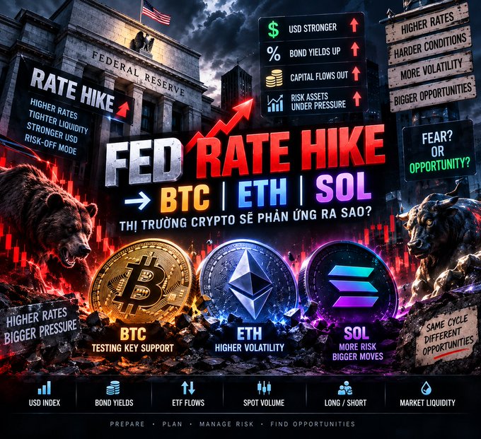 A dramatic financial graphic titled **"FED RATE HIKE → BTC | ETH | SOL"** depicts the U.S. Federal Reserve building alongside a bear and bull, with prominent text highlighting "USD STRONGER," "BOND YIELDS UP," "CAPITAL FLOWS OUT," and "HIGHER RATES, TIGHTER LIQUIDITY, STRONGER USD, RISK-OFF MODE." The three featured cryptocurrencies are shown with descriptors: **BTC – Testing Key Support, ETH – Higher Volatility, SOL – More Risk, Bigger Moves**, visually reinforcing the accompanying post's warning about a coming liquidity shock and tightening financial conditions impacting crypto markets.