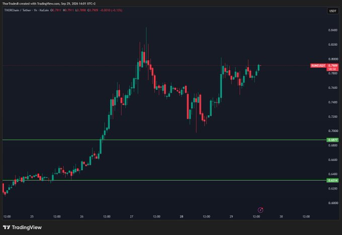 A TradingView candlestick chart for USDT on Sep 29, 2026, showing price action ranging between roughly 0.6400 and 0.8000 on a dark background.