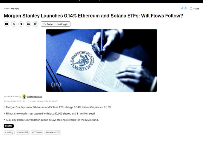 A news article titled 'Morgan Stanley Launches 0.14% Ethereum and Solana ETFs: Will Flows Follow?' from News/Markets, discussing new crypto ETFs with lower fees than Grayscale's offerings.