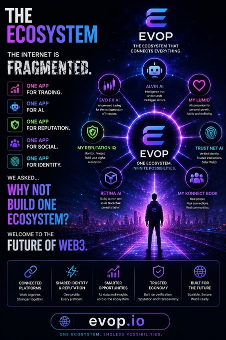A promotional graphic for 'EVOP - THE ECOSYSTEM' with the tagline 'ONE ECOSYSTEM. INFINITE POSSIBILITIES.' at evop.io, featuring interconnected features like EVO FX AI, ALVIN AI, MY LUMIO, TRUST NET AI, MY CONNECT BOOK, RETINA AI, and MY REPUTATION IQ against a futuristic cityscape background.