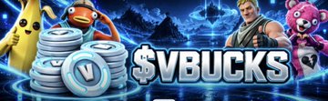 A promotional banner featuring Fortnite characters (a banana, a hotdog, a default skin, and a pink bear) surrounding a stack of V-Bucks coins, with the text '$VBUCKS' prominently displayed.