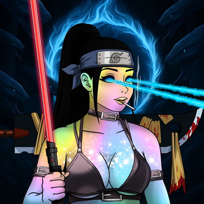 A digital art piece of a female ninja character with a Hidden Leaf Village headband, holding a red lightsaber and a kunai, shooting blue beams from her eyes while wearing a galaxy-patterned outfit, with dark wolves in the background.