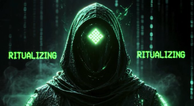 A dark digital artwork of a hooded figure with a glowing green LED-grid face mask, flanked by the word 'RITUALIZING' on both sides against a matrix-style background.