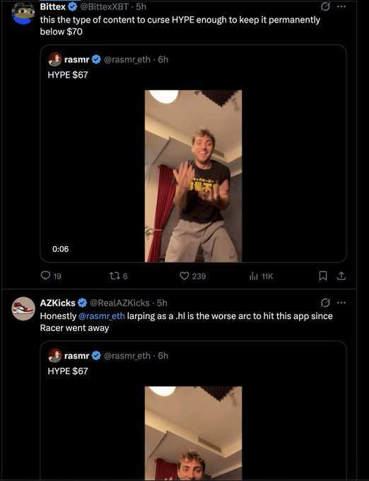 The image shows a screenshot of a Twitter post from a user named @rasmr, which has been reposted as a hashtag (#rasmr). The post features two photos - one of a man posing for a picture with his arms raised in the air and another photo of him standing on a chair. The caption to the image reads "My entire for you page on CT is @rasmr doing 67". This means that the user has reposted the hashtag #rasmr along with their own post, which includes two photos.