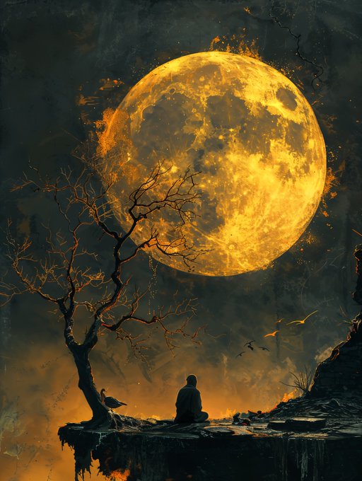 A solitary figure sits on a cliff edge beside a bare tree, gazing up at a massive glowing orange moon that dominates the dark sky, perfectly capturing the haunting isolation and quiet contemplation evoked by the phrase "Lonely is the Night."