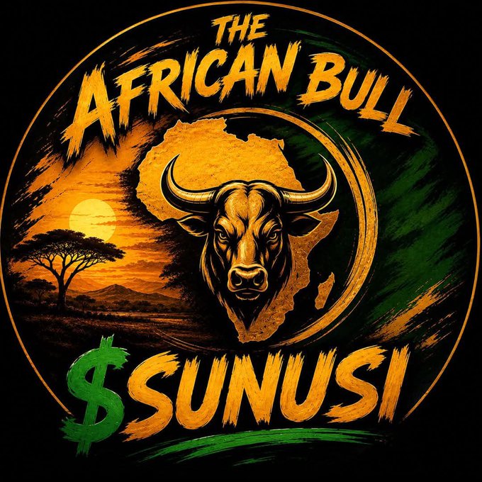 A logo/branding design titled 'THE AFRICAN BULL $SUNUSI' featuring an African buffalo head over a map of Africa with a sunset and acacia tree.