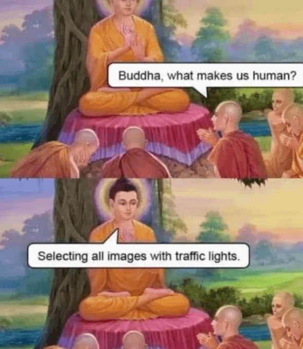 A two-panel meme shows Buddha being asked what makes us human, to which he answers 'Selecting all images with traffic lights.'