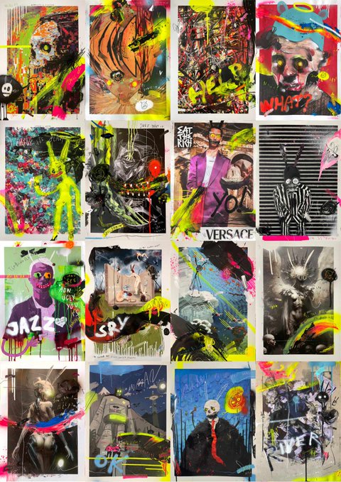 A 4x4 grid of sixteen vibrant, neo-expressionist pop-art style images featuring skulls, animals, and abstract figures with neon paint splatters, graffiti tags like 'HELP', 'WHAT?', 'JAZZ', and 'WE!', plus logos including Versace.