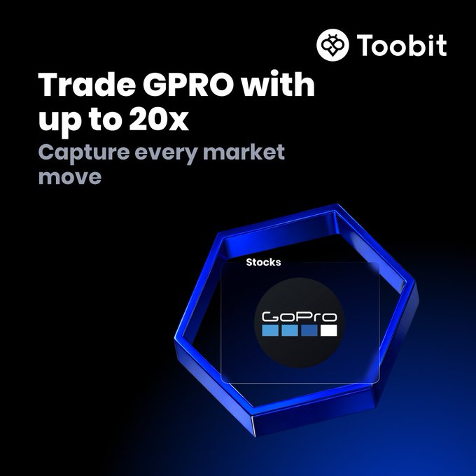 A Toobit promotional graphic on a black background featuring the headline "Trade GPRO with up to 20x — Capture every market move," with the GoPro logo displayed inside a hexagonal blue frame and labeled "Stocks," advertising the new GPROUSDT stock futures listing.
