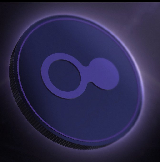 A glowing purple circular emblem with an infinity-like symbol sits against a dark background with a bright halo of light.