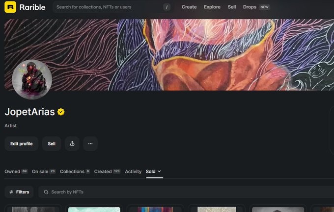 A screenshot of the Rarible NFT marketplace profile page for artist "JopetArias" 🌻, showing the user's statistics of 88 Owned, 26 On sale, 6 Collections, 123 Created, and a "Sold" activity tab selected, illustrating the discovery of a preserved Ethereum-based NFT collection.