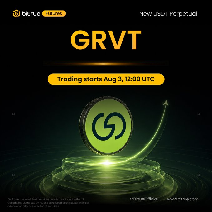 Bitrue Futures announces the launch of the GRVT USDT Perpetual, with trading beginning August 3 at 12:00 UTC, featuring a glowing green GRVT coin emblem against a dark background. The promotional graphic aligns with Bitrue's introduction of $GRVTUSDT, highlighting GRVT as a self-custodial on-chain wealth management platform offering yield products and institutional trading solutions.