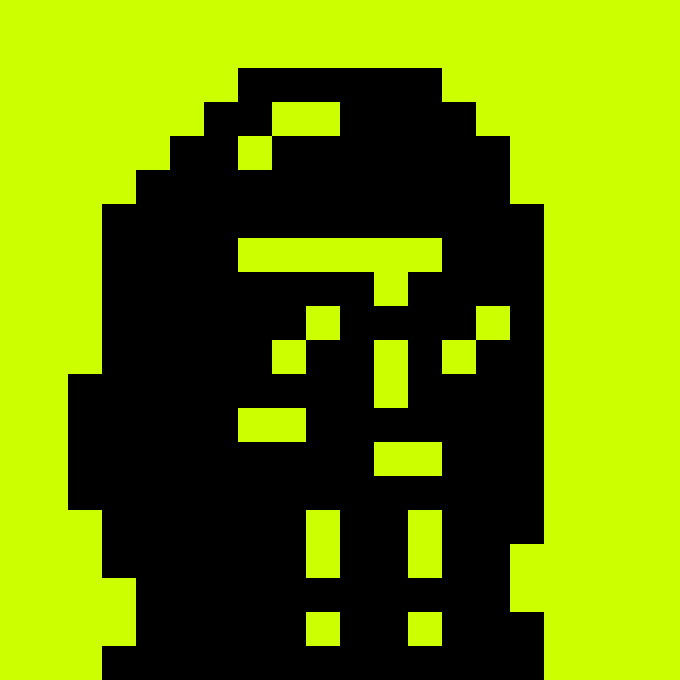 A pixelated black skull-like figure set against a bright lime green background.