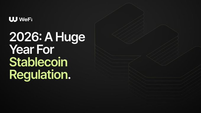 The image features the WeFi logo alongside the headline "2026: A Huge Year For Stablecoin Regulation" on a dark background, visually reinforcing the post's message about the regulatory shift shaping the Deobanking model's relevance, particularly with frameworks like MiCA now fully enforced in Europe.