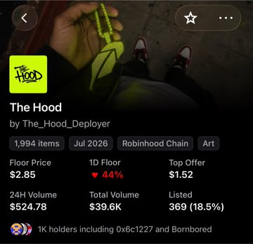 An NFT collection page for 'The Hood' by The_Hood_Deployer, showing a floor price of $2.85, 24H volume of $524.78, total volume of $39.6K, and 1K holders, with the top offer at $1.52.