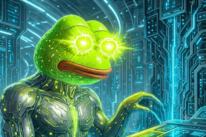 A futuristic cybernetic Pepe the Frog with glowing yellow eyes and a metallic green body reaches toward glowing circuit boards, visually representing the technical and digital nature of the $RHPEPE token being promoted as Robinhood's first Pepe coin deployment.