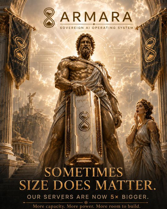 A promotional advertisement for ARMARA Sovereign AI Operating System features a muscular Greek god statue holding a large server, with text reading "SOMETIMES SIZE DOES MATTER. OUR SERVERS ARE NOW 5× BIGGER."