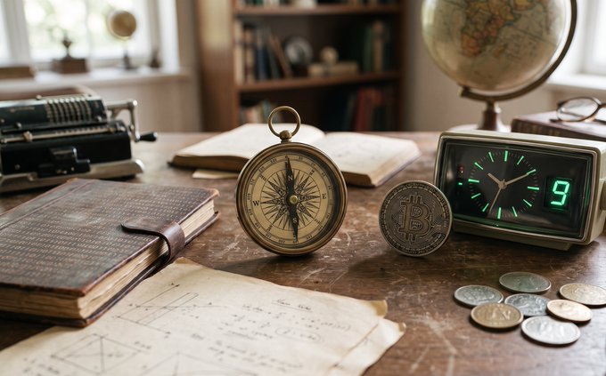 A vintage compass, antique books, a globe, and an old typewriter sit on a wooden desk alongside a physical Bitcoin coin and a digital clock displaying "9"—symbolizing the 9-year legacy of Binance and hinting at the mystery behind its name. The clock and Bitcoin coin visually anchor the post's question about the true meaning of "Binance," blending the old and new worlds of finance and technology.