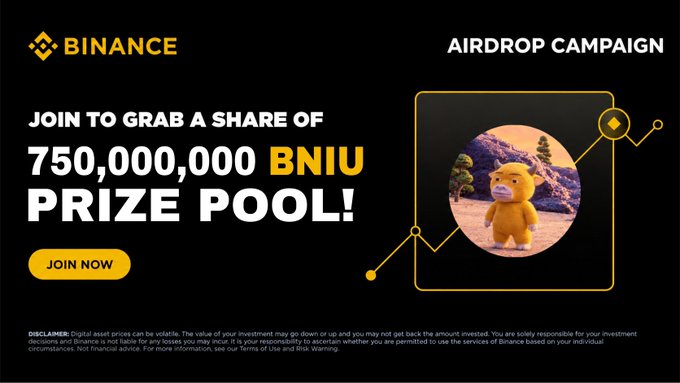 A promotional banner for a Binance Airdrop Campaign offering a share of a 750,000,000 BNIU prize pool, featuring a yellow bear mascot and a 'JOIN NOW' button, with a standard investment risk disclaimer.