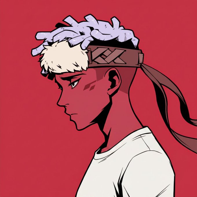 An anime-style illustration of a young man in profile with blonde hair, wearing a patterned headband, against a red background.