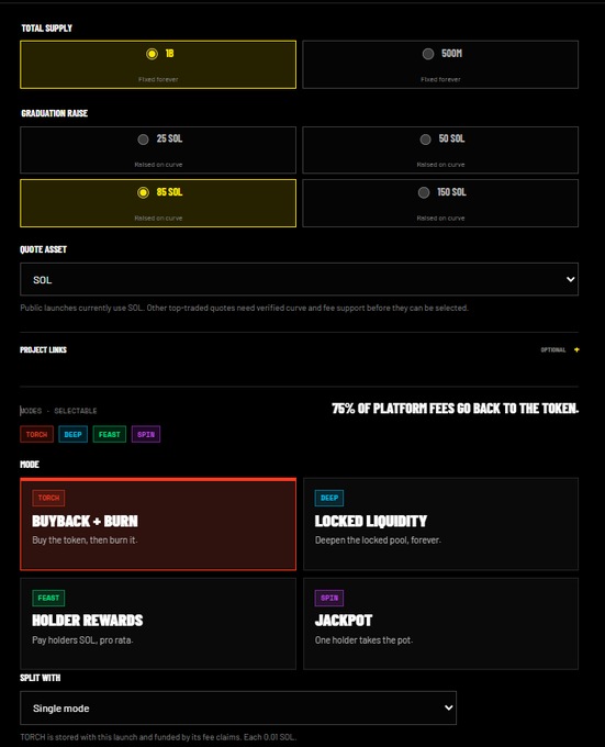 A cryptocurrency token settings interface with options for Total Supply (highlighted at fixed forever), Graduation Raise (showing 85 SOL selected), Quote Asset (SOL), and various modes like 'Buyback + Burn', 'Locked Liquidity', 'Holder Rewards', and 'Jackpot'.