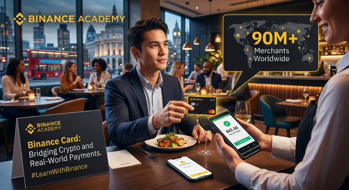 A man at a restaurant pays with a Binance Card at a physical POS terminal, alongside promotional graphics noting "Binance Academy," "90M+ Merchants Worldwide," and a "LearnWithBinance" card. The image visually reinforces the post's message by showing crypto moving from abstract screens to real-world, in-person transactions.