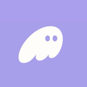 A minimalist digital illustration of a white ghost-like blob with two purple eyes on a soft purple background.