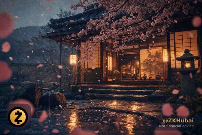 A picturesque scene of a traditional Japanese house at night with warm interior lighting, cherry blossom trees, falling petals, and a stone lantern, watermarked with 'ZKH' logo and '@ZKHubai Not financial advice'.