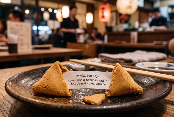 Two fortune cookies on a dark ceramic plate in a restaurant setting, one containing a paper slip that reads 'Confucius Says: never use a bitcoin wallet that's not open source'.