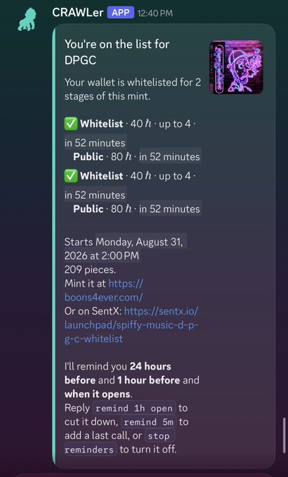 A Telegram message from CRAWLer App confirming whitelist spots for a DPGC NFT mint starting Monday, August 31, 2026.