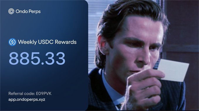 The image is a promotional graphic for Ondo Perps featuring a suited man holding a card, displaying "Weekly USDC Rewards 885.33" alongside the referral code "EO9PVK" and the link "app.ondoperps.xyz," which highlights the $885.33 weekly reward earned by the poster.
