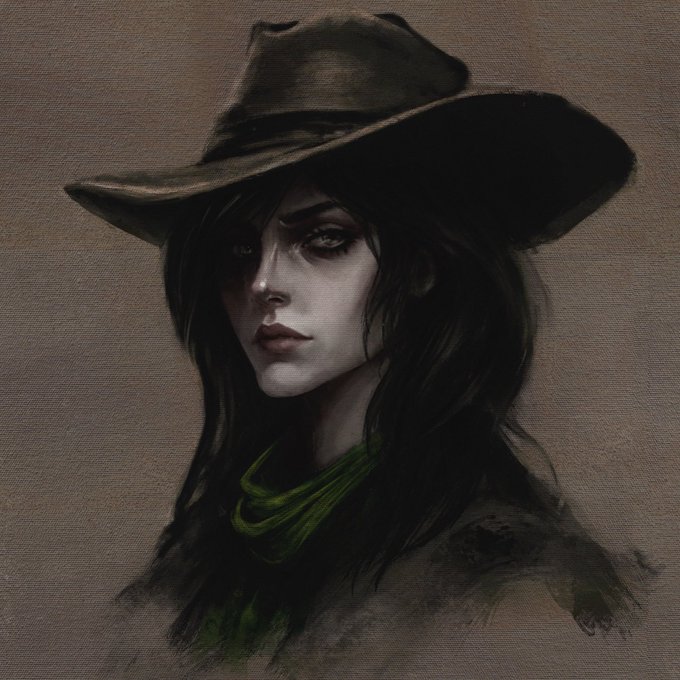A digital painting depicts a pale, somber woman with dark hair wearing a wide-brimmed cowboy hat and a green scarf, casting a haunting gaze that fits the post's "Portrait of the Hunter" theme. The artwork is available on @objktcom for 200 ꜩ (tez).