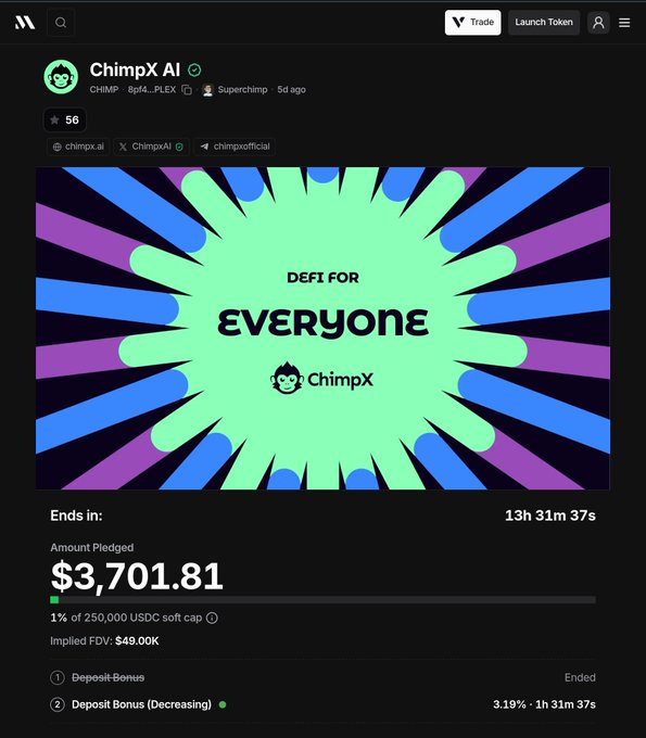 A screenshot of a ChimpX AI token launch page on a crypto platform shows a "DeFi for Everyone" promotional banner with $3,701.81 pledged (1% of a 250,000 USDC soft cap) and an implied FDV of $49,000K, illustrating the crowdfunding progress for the $CHIMP token that the post discusses launching on Solana.