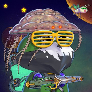 The image features a cartoon character with a green hat, sunglasses, and a mask that resembles an insect or spider. The character appears to be holding a gun and has a backpack on their back. The background of the image shows a space scene with planets and stars. The caption for the image reads "This weeks mints @PepeExplorers by @TrystanNFT @GLiFSbyEfdot by @EfdotStudio @TheGloobs".