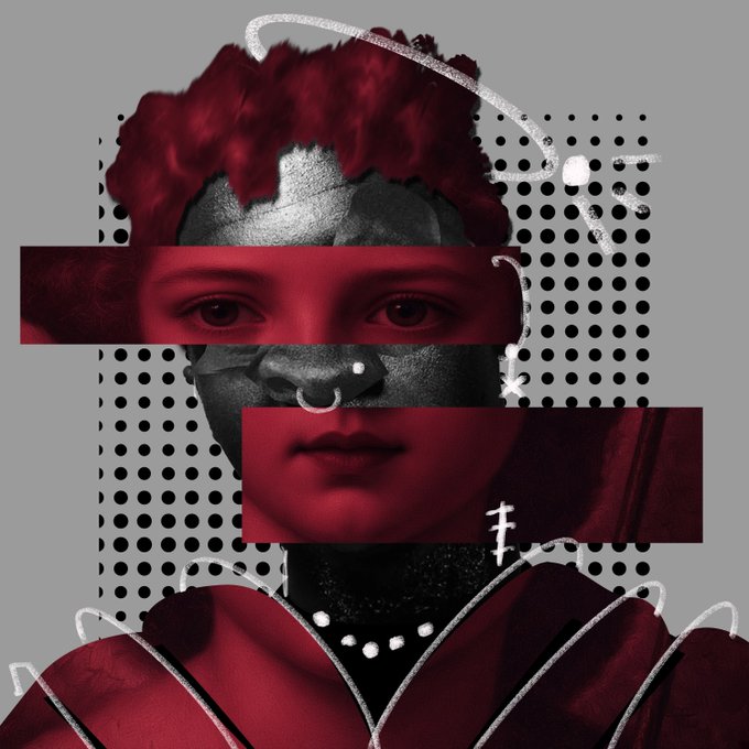 A stylized portrait of a figure with a textured, metallic face and deep red hair, styled in fragmented horizontal bands and overlaid with halftone dot patterns and decorative line work, serving as a visual tribute to artist Jeni Pepen and her community-focused work with OneLoveArt DAO in connection with Hoodheadz0.