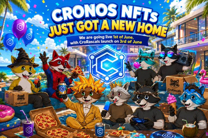 The image features a collection of cartoon cats sitting around boxes full of food, with balloons floating in the background. The text above the cats suggests that they are going to celebrate the launch of their collection on CroVia App. The post mentions that this new home will be released on June 3rd and is 75 cents per month for public access, while minting prices remain at 85 cents each. Users can expect their favorite cartoon characters from their favorite games to appear in the upcoming months.